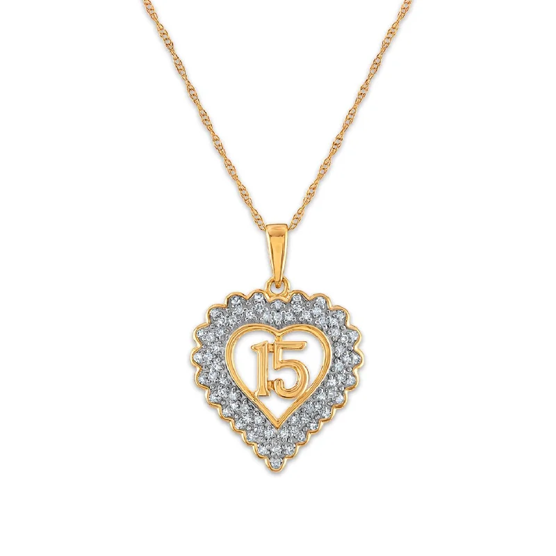 1/5 CTW Diamond Quinceanera Heart 18-inch Pendant in 10KT Yellow Gold