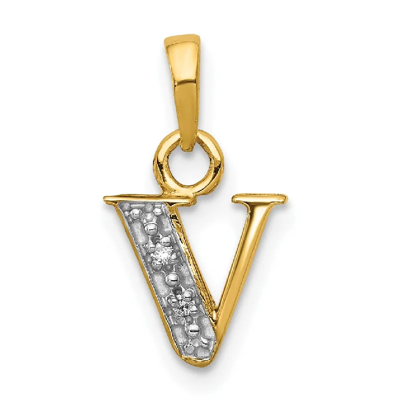 14KT Yellow Gold With Rhodium Plating 1/100 CTW 15X8MM Initial Pendant; Initial V. Chain not Included