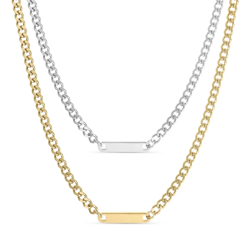 18K Gold PVD Stainless Steel Engravable Curb Chain Bar Necklace / CHN9957