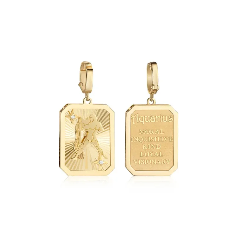 Aquarius Zodiac Engraved Gold and Diamond Pendant