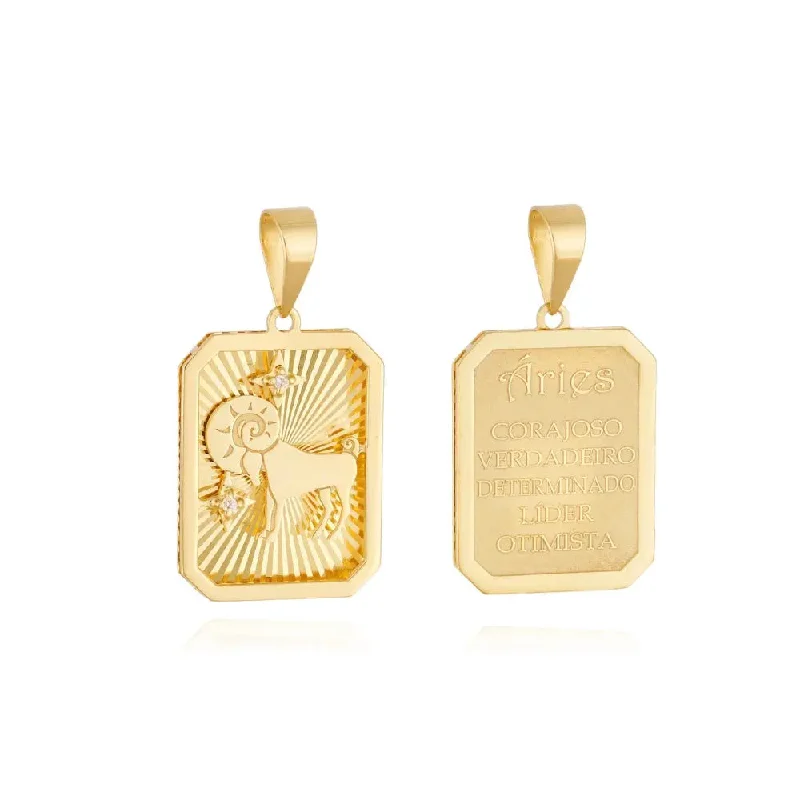 Aries Zodiac Engraved Gold and Diamond Pendant