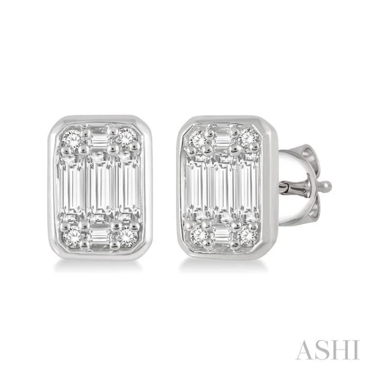 1/5 Ctw Octagonal Shape Baguette and Round Cut Diamond Bezel Stud Earrings in 14K White Gold