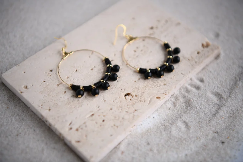 Nova Black Agate Ball Drop Hoop Earrings