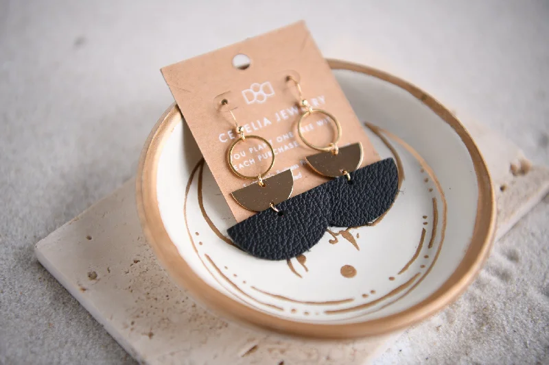 Flora Black Leather & Gold Double Half Moon Earrings