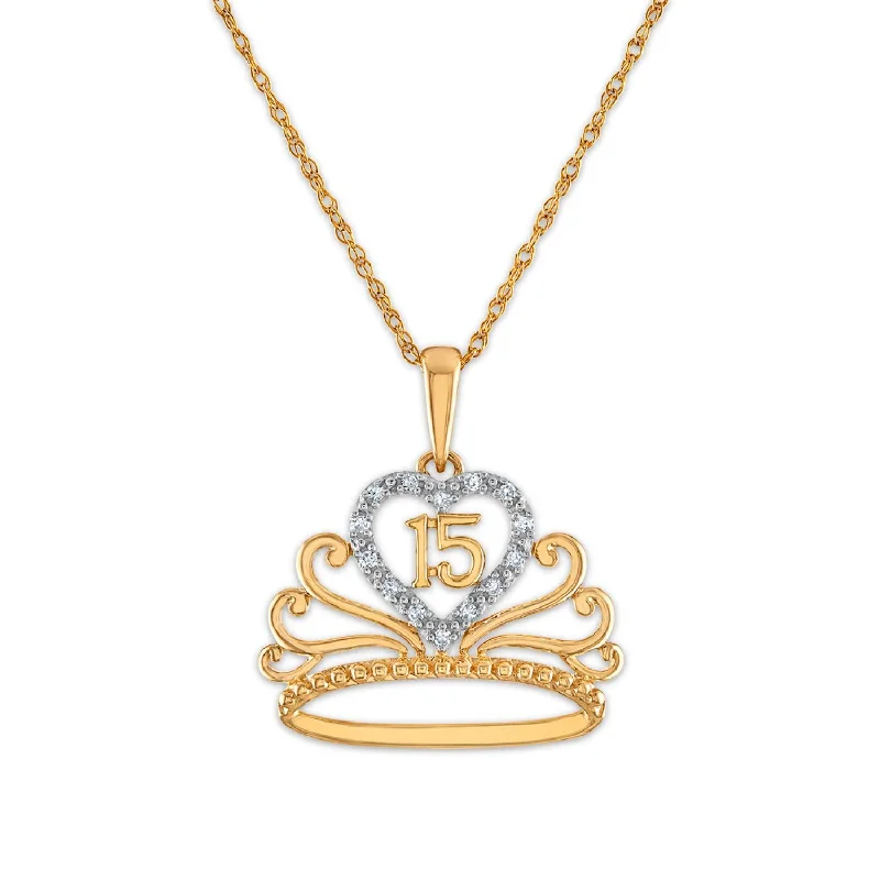 Diamond Accent 18-inch Quinceanera Heart Crown Pendant in 10KT Yellow Gold