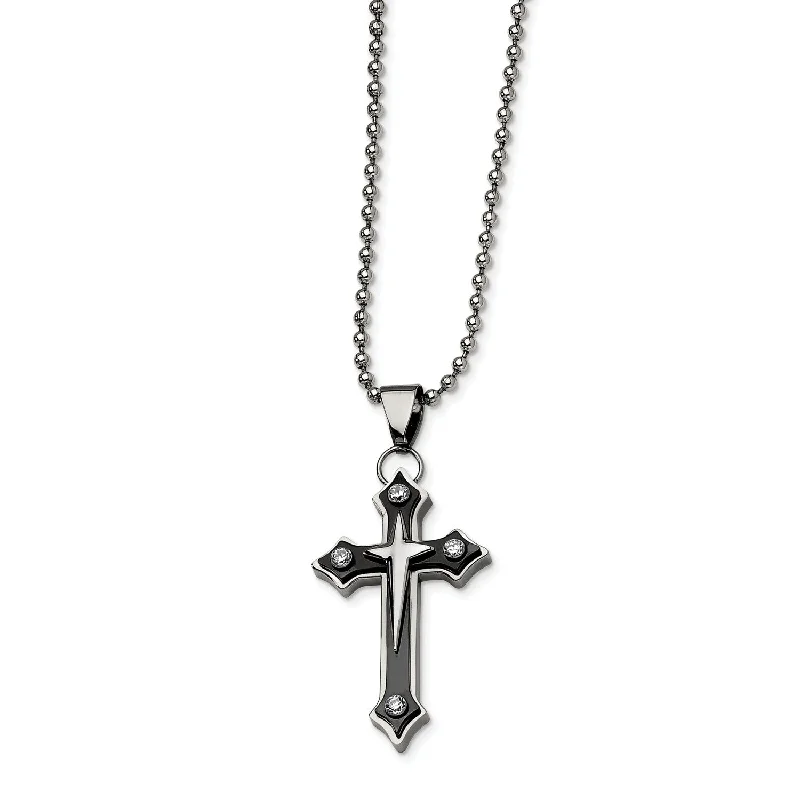 Stainless Steel Black IP-plated Cross with CZ Pendant Necklace