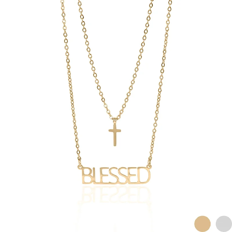 Stainless Steel PVD Coated "Blessed" Layered Cross Charm Necklace / SBB0323