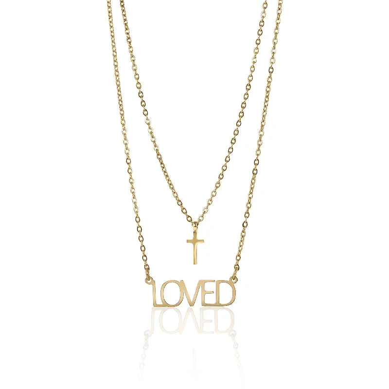 18K Gold PVD Stainless Steel "Loved" Layered Cross Charm Necklace / SBB0324