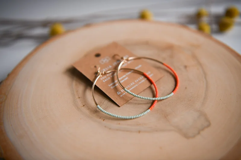 Tangerine & Teal Seed Bead Gold Hoop Earrings