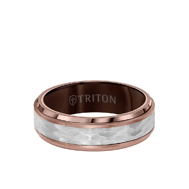 7MM Espresso Tungsten Carbide Ring - Hammered Center and Step Edge