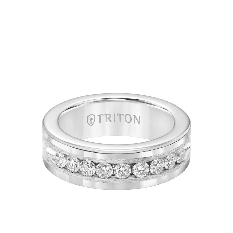 8MM Tungsten Diamond Ring - Satin Bright Finish and Bevel Edge