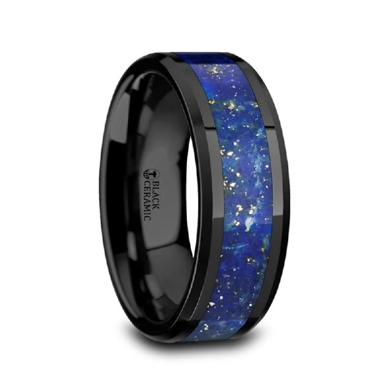 MARLOW Men’s Polished Black Ceramic Wedding Band with Blue Lapis Inlay