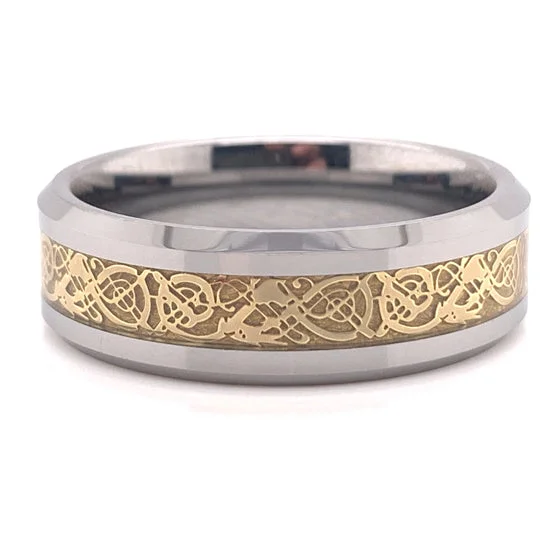 18K PVD Coated Tungsten Gold Decorative Center Comfort Fit Ring / TGR1012