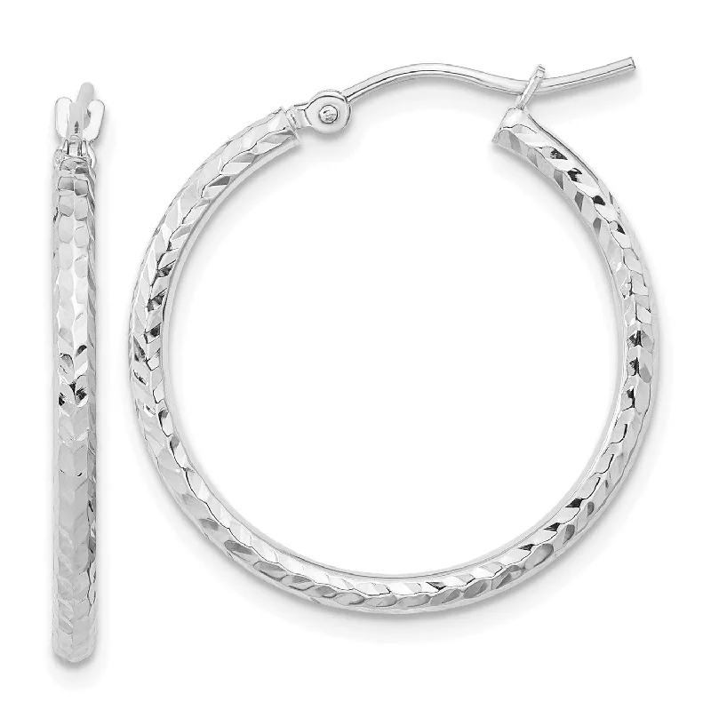 10KT White Gold 25X2MM Diamond-cut Hoop Earrings