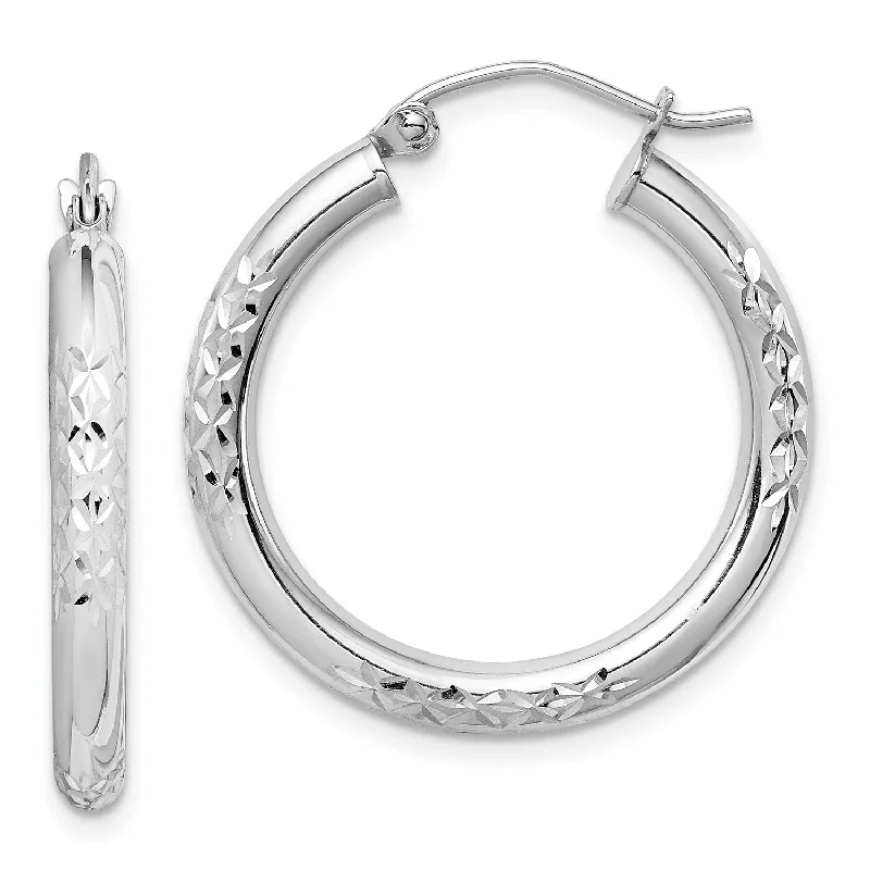 10KT White Gold 25X3MM Diamond-cut Hoop Earrings