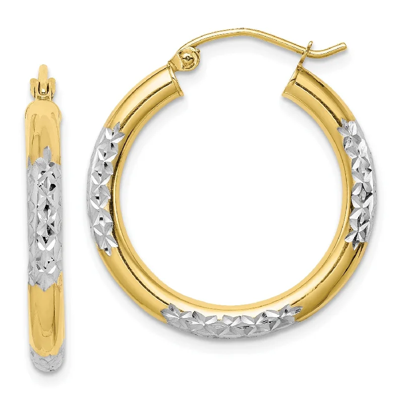 10KT Yellow Gold With Rhodium Plating 25X3MM Diamond-cut Hoop Earrings