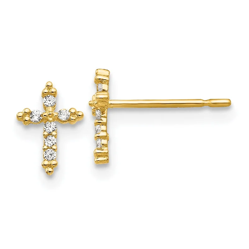 14KT Yellow Gold Cubic Zirconia 8X6MM Childrens Cross Stud Earrings