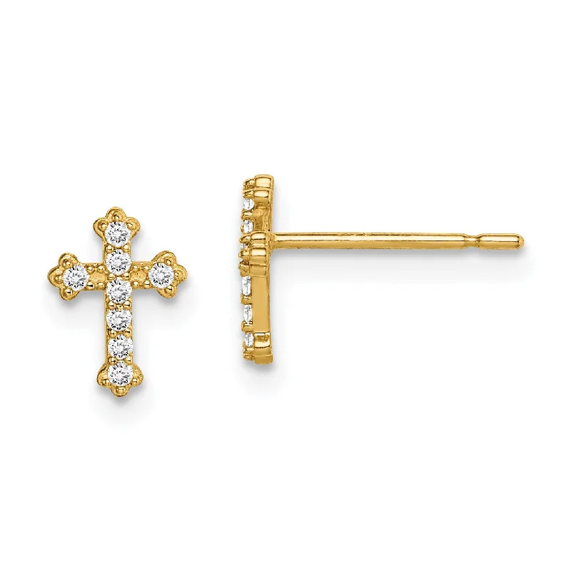 14KT Yellow Gold Cubic Zirconia Childrens Cross Stud Earrings