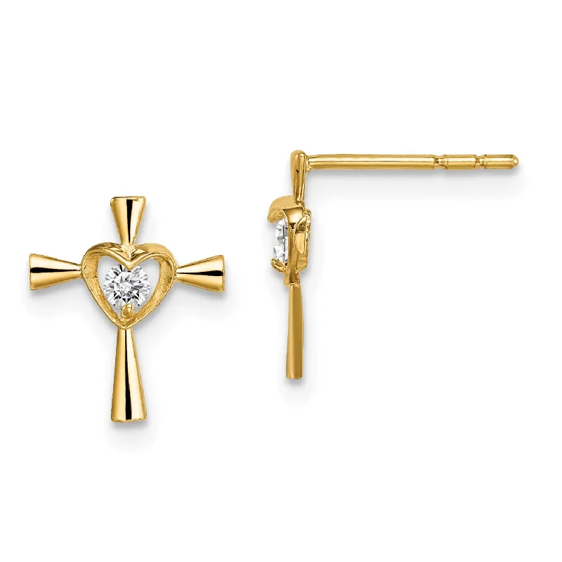 14KT Yellow Gold Cubic Zirconia Childrens Heart Cross Stud Earrings