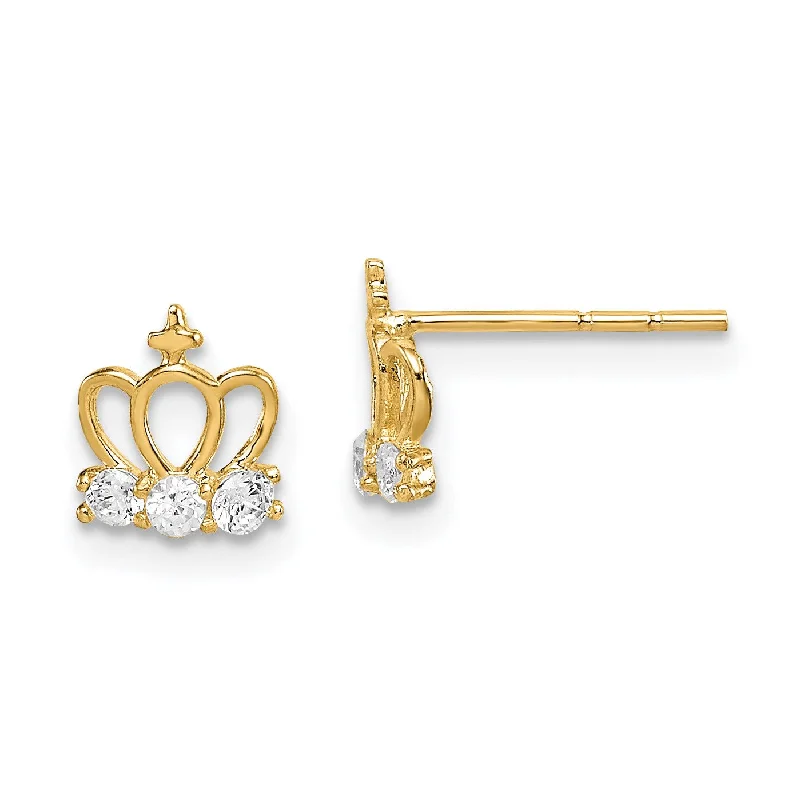 14KT Yellow Gold Cubic Zirconia Stud Tiara Crown Earrings