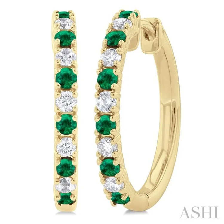 1/4 ctw Petite 1.80 MM Emerald and Round Cut Diamond Precious Fashion Huggies in 10K Yellow Gold