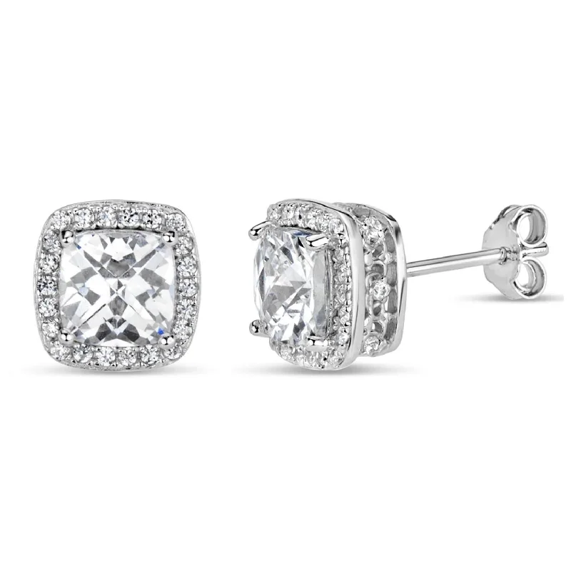 Sterling Silver 6MM Cushion Cubic Zirconia Halo Stud Earrings