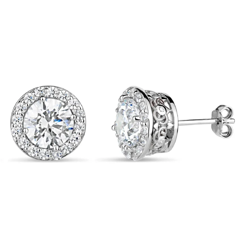 Sterling Silver 7MM Round Cubic Zirconia Halo Stud Earrings