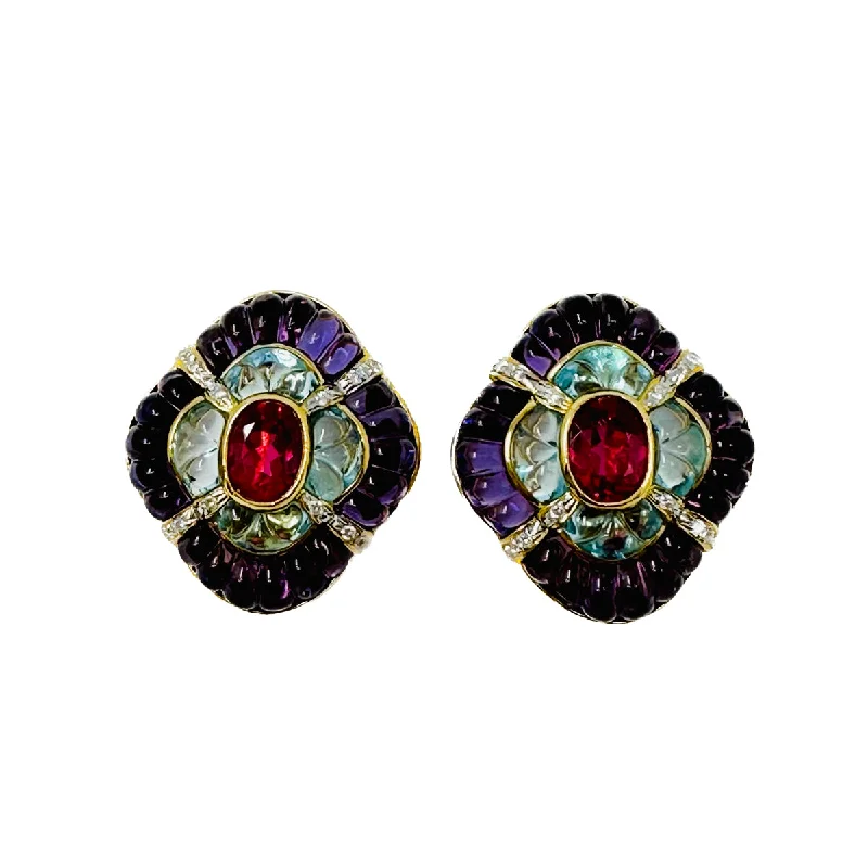 18K Gold Clip-on Earrings with Amethyst, Blue Topaz and Diamonds