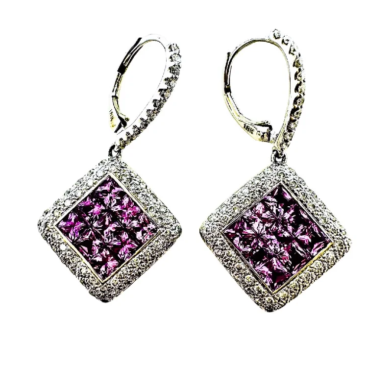 18K White Gold Pink Sapphire and Diamond Drop Earrings