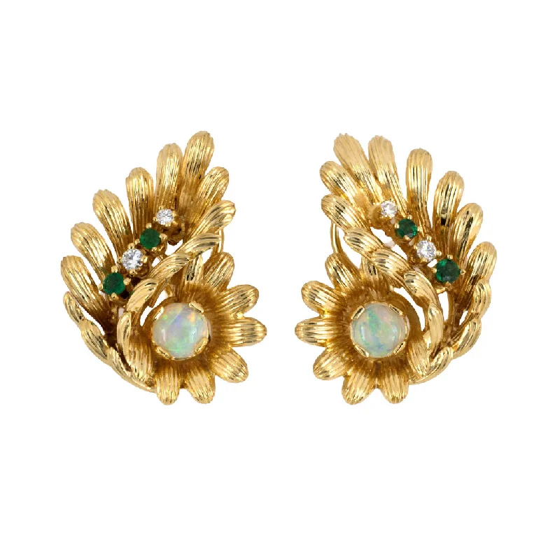 Opal, Emerald & Diamond Floral Leaf Earrings