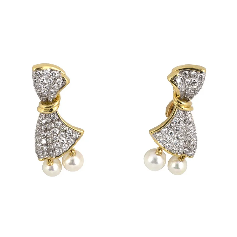 Diamond & Pearl Bow Drop Earrings