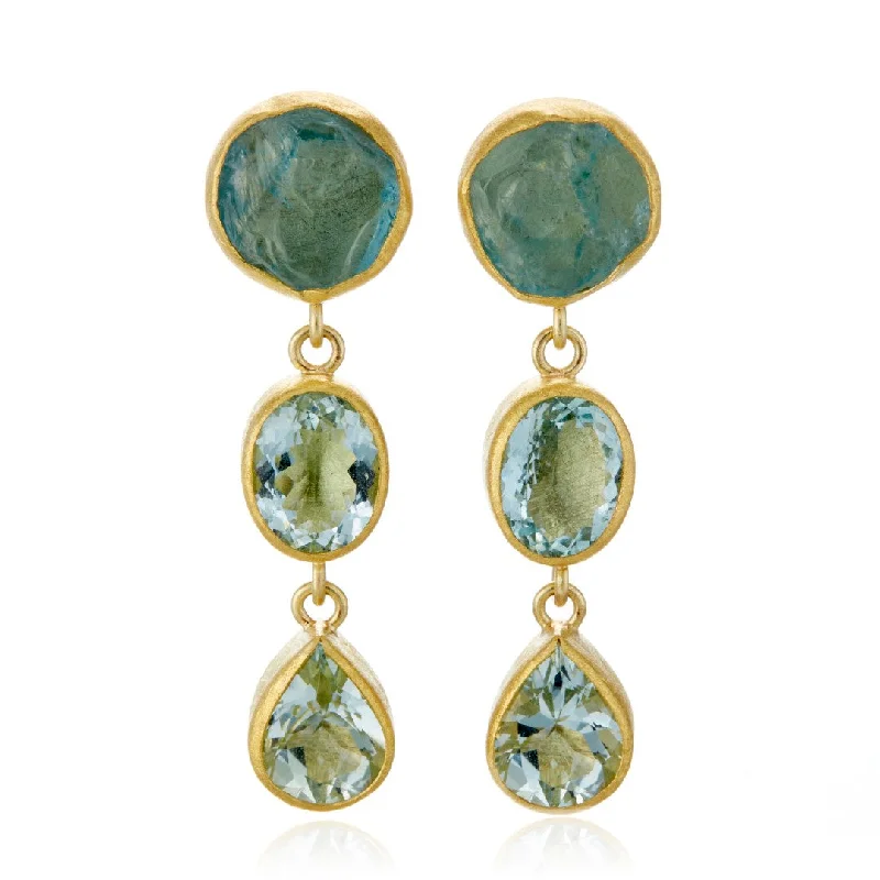 Rough Aquamarine Triple Station Earrings