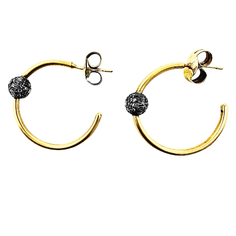 Silver and 18K Gold Hoop Earrings with Pave Diamond Ball