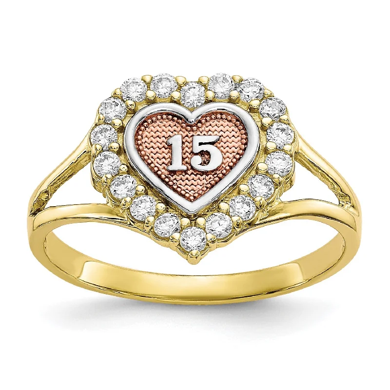 10KT Gold Tri-Color Cubic Zirconia Heart Quinceanera Ring; Size 6