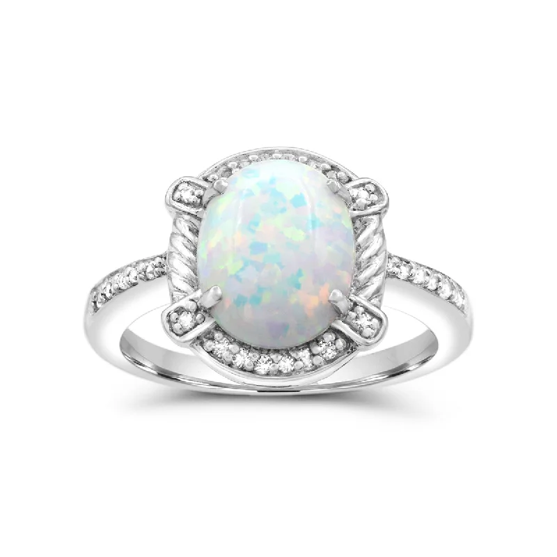 10X8MM Created Opal and White Sapphire Ring in Sterling Silver