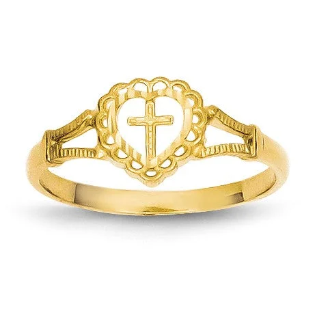 14KT Yellow Gold Childrens Heart Cross Ring; Size 4