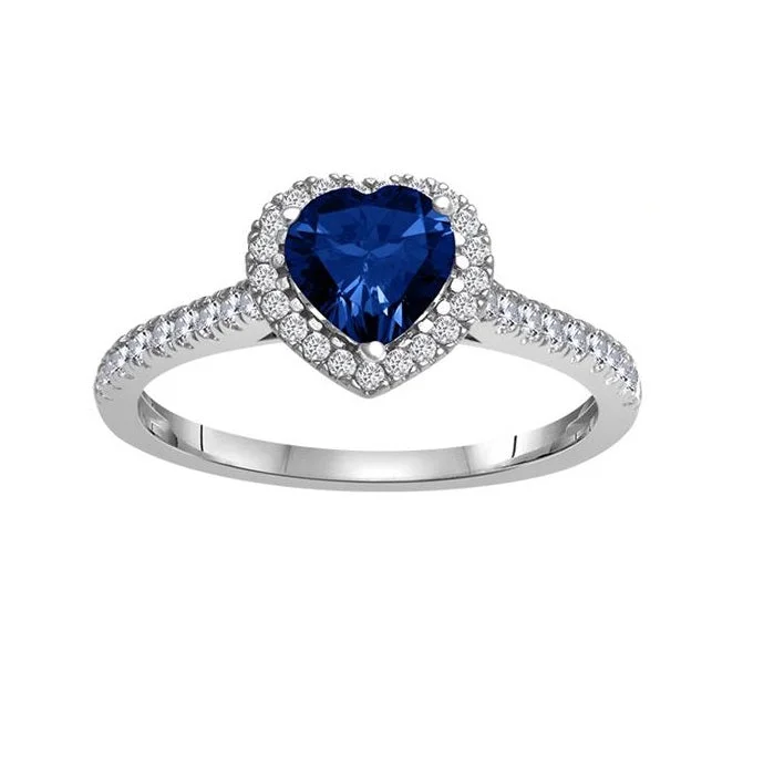 6MM Heart Shape Blue Sapphire and White Sapphire Birthstone Heart Ring in 10KT White Gold