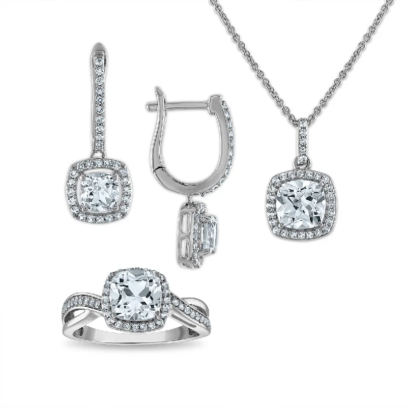 Cushion Shaped Sapphire Halo Jewelry Set in Sterling Silver