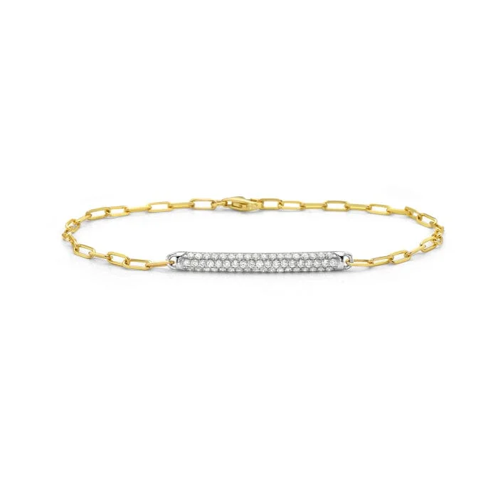 14K Yellow & White Gold Pave Diamond Bar Paperclip Bracelet