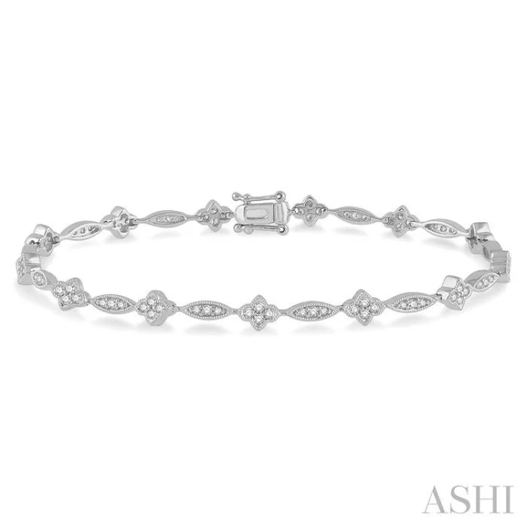 1 Ctw Marquise and Floral Link Diamond Bracelet in 14K White Gold