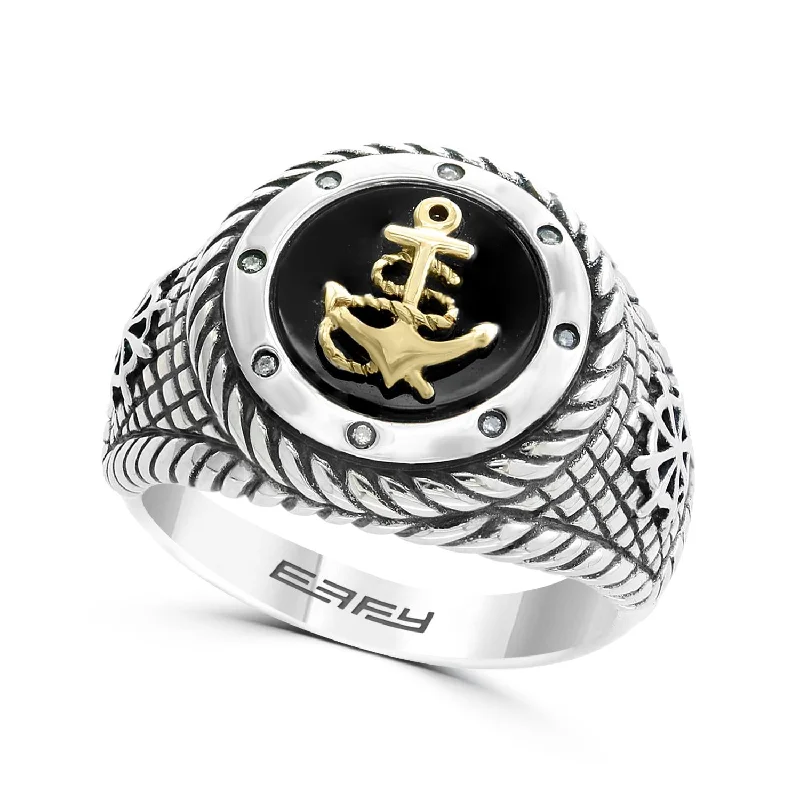 EFFY 11MM Round Onyx and Diamond Ring in Sterling Silver with a 14KT Yellow Gold Plated Anchor