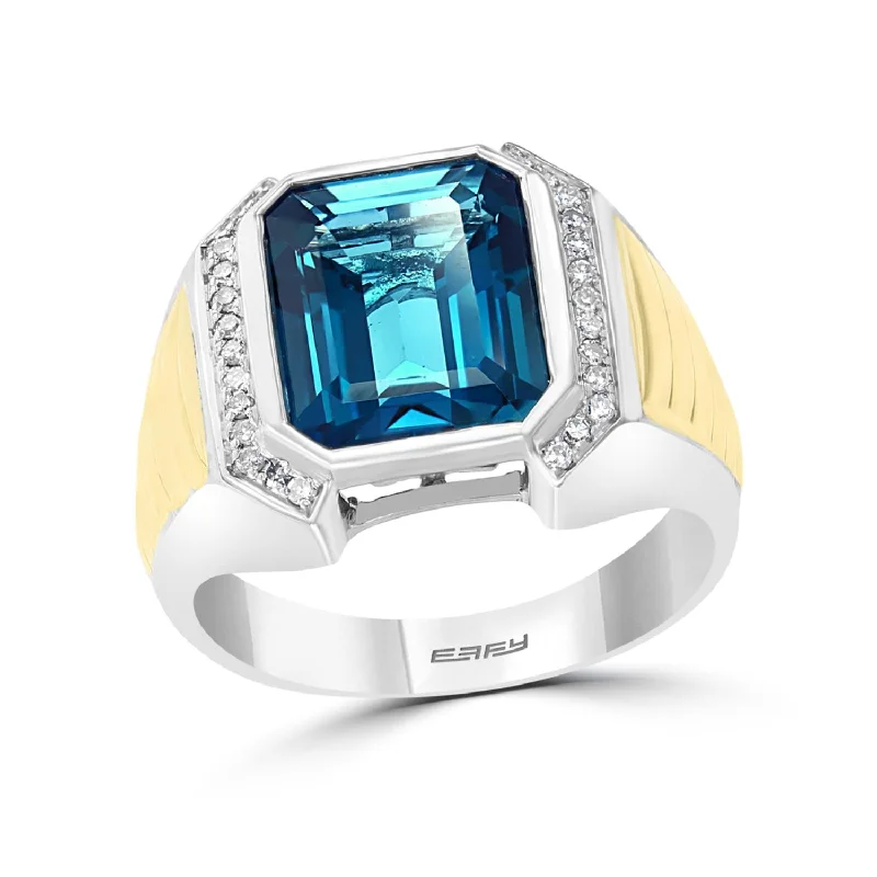 EFFY 12X10MM Emerald Shape Blue Topaz and Diamond Fashion Ring in Two-Tone Sterling Silver