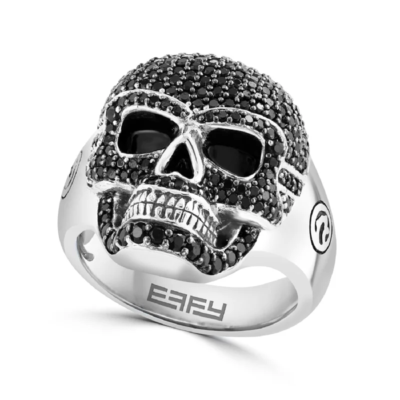 EFFY Round Black Spinel Fashion Skull Ring in Rhodium Plated Sterling Silver