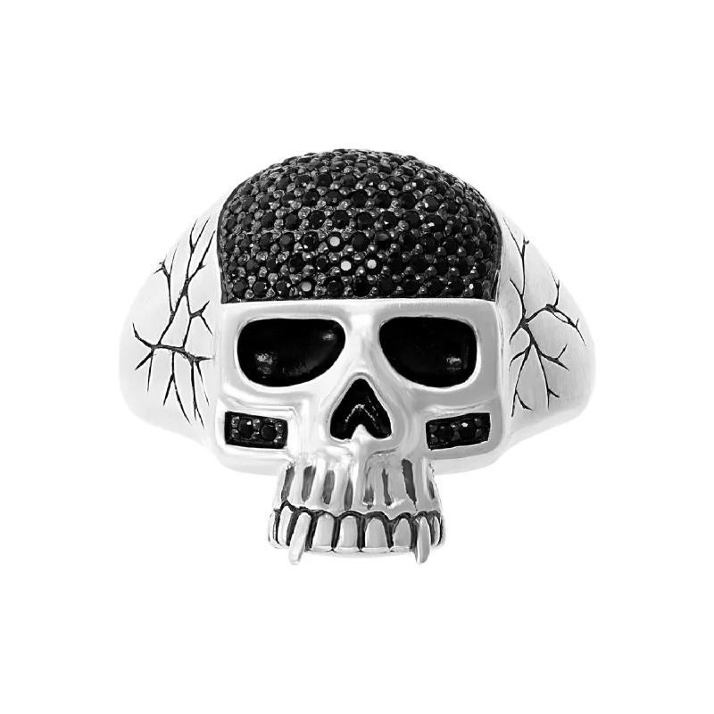 EFFY Round Black Spinel Skull Ring in Rhodium Plated Sterling Silver