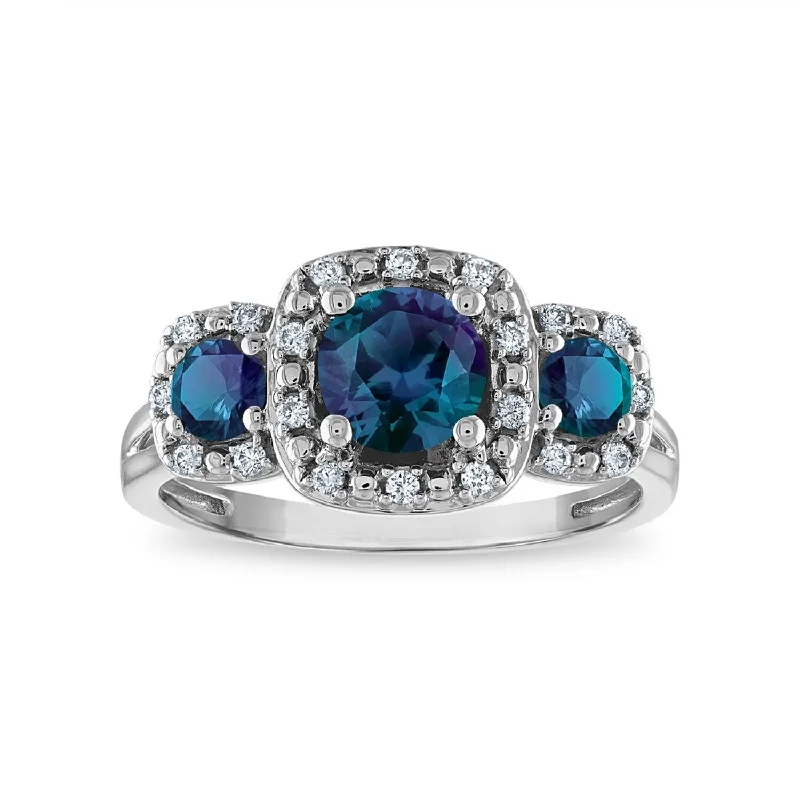 LoveSong EcoLove Round Alexandrite and Sapphire Three Stone Halo Ring in 10KT White Gold