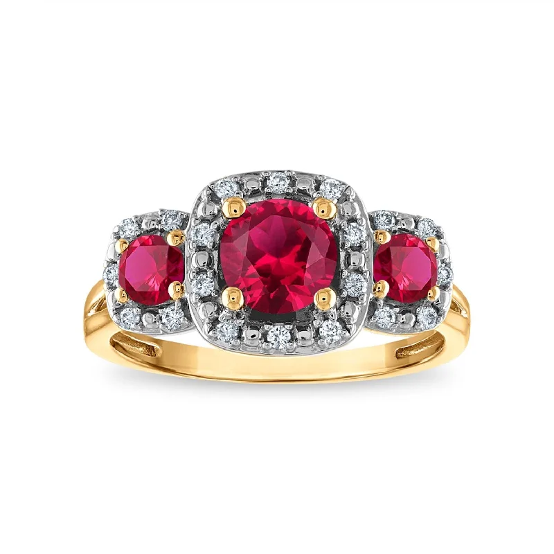 LoveSong EcoLove Round Ruby and Ruby Three Stone Halo Ring in 10KT Yellow Gold