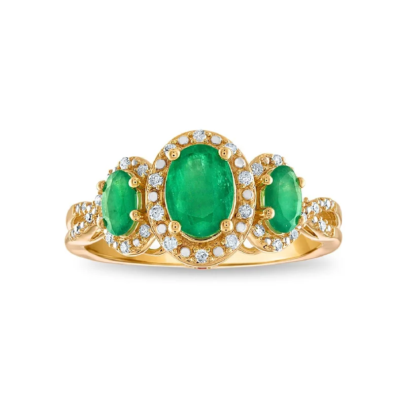 LoveSong Oval Emerald and Diamond Three Stone Halo Ring in 10KT Yellow Gold