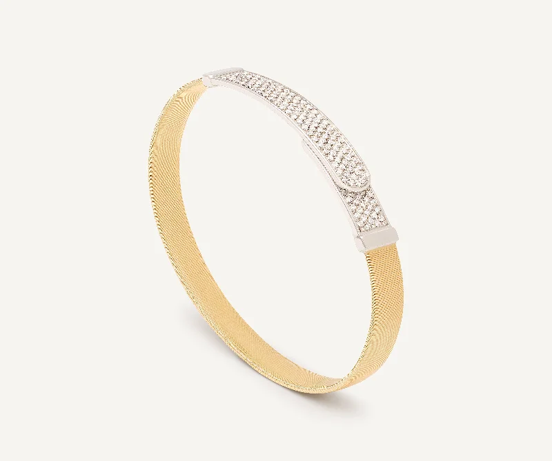 18K Yellow Gold Coil and Diamond Pavé Bangle Bracelet, Large Width